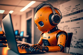 Robot working on laptop at desk